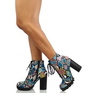 Aztec Blue Multicolor Lace Up Lug Boots